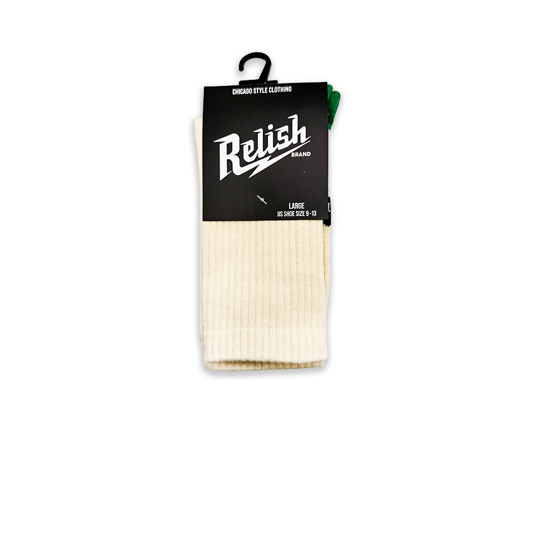 A pair of off-white crew socks with dark green toes and heels, featuring a small black circular logo with a white 'R' for 'RELISH' on each sock, displayed flat against a white background.